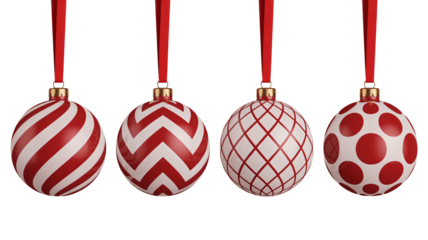 Festive red and white Christmas ornaments hang with red ribbons, ready for holiday decor