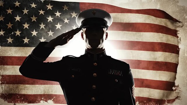 A patriotic American soldier in silhouette salutes a vintage USA flag - Powered by Adobe
