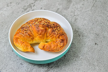 Close up view of one cheese croissant on white and green sage plate. close up. grey or gray cement on the background. 