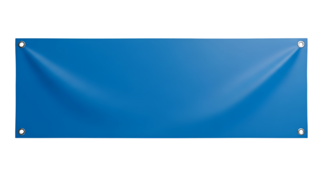 Blue fabric banner with grommets isolated on a transparent background
