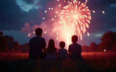 a family watches the fireworks on the fourth of July on some grass. High quality