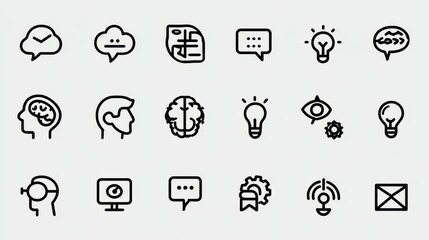 A collection of icons representing various aspects of creative thinking problem solving and intellectual processes including the brain light bulb puzzle pieces and communication symbols