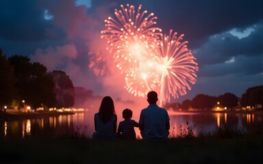 a family watches the fireworks on the fourth of July on some grass. High quality