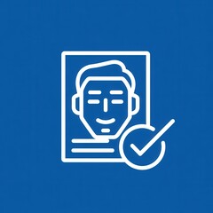 A simple minimalist icon representing identity verification or profile approval on a blue background