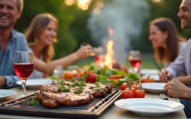 Backyard dinner table have a tasty grilled BBQ meat, Salads and wine with happy joyful people on background. High quality