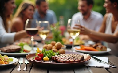 Backyard dinner table have a tasty grilled BBQ meat, Salads and wine with happy joyful people on background. High quality