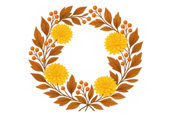 Autumn wreath with yellow flowers, brown leaves, and orange berries, creating a seasonal frame for fall designs