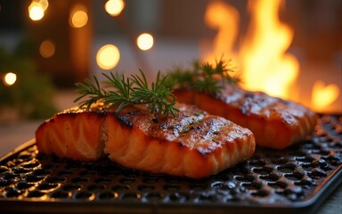 Grilled salmon bbq in cozy winter wonderland with festive lights. High quality