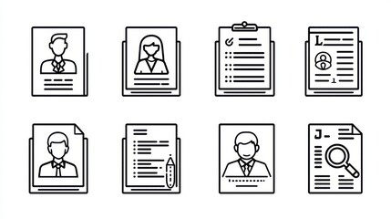 A set of icons representing various elements of a job application or resume including a candidate profile job interview and employment documents