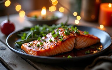 Grilled salmon bbq in cozy winter wonderland with festive lights. High quality