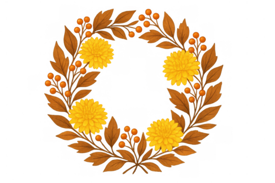 Autumn wreath with yellow flowers, brown leaves, and orange berries, creating a seasonal frame for fall designs