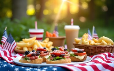 joyful Fourth of July picnic scene featuring delicious food, vibrant colors, and festive decorations, perfect for celebrating with family. High quality