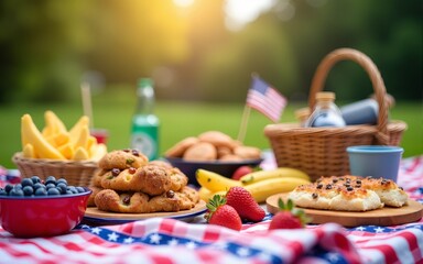 joyful Fourth of July picnic scene featuring delicious food, vibrant colors, and festive decorations, perfect for celebrating with family. High quality