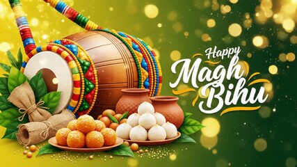 Festive Magh Bihu Animation 4k Traditional Assamese Celebrations with Drums, Sweets, and Cultural Richness in a Vibrant Design