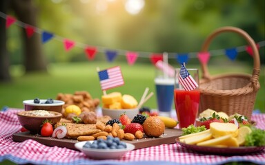 joyful Fourth of July picnic scene featuring delicious food, vibrant colors, and festive decorations, perfect for celebrating with family. High quality