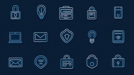 A set of icons depicting various aspects of digital security including locks shields laptops emails and other symbols related to data protection online privacy and network safeguards