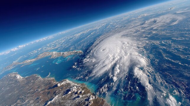 Orbiting Hurricane: Capturing the awe-inspiring sight of a colossal hurricane from a celestial vantage point, illustrating the immense power and intricate structure of a natural phenomenon.