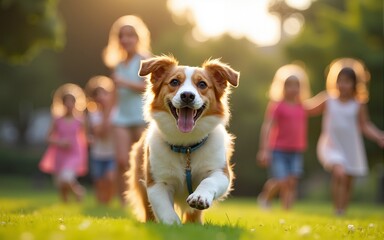 Weekend BBQ with Playful Kids and a Happy Dog. High quality