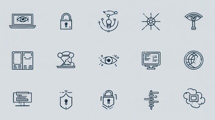A collection of various icons and symbols representing different aspects of technology cybersecurity data protection and digital connectivity