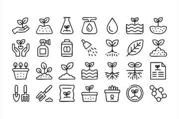 Organic farming and plant growth icons for nature and agriculture design