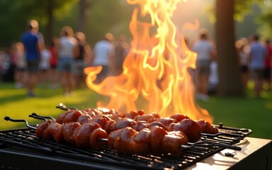 Sizzling barbecue at a vibrant outdoor gathering in a lively park during the warm summer afternoon. High quality