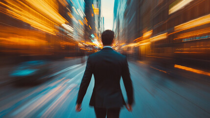 Back view of businessperson walking through urban district with motion blur capturing dynamic city movement, professional pace, modern lifestyle, and bustling metropolitan environment
