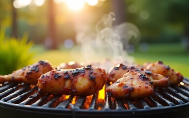 Sizzling barbecue chicken on grill in sunny park, summer picnic joy. High quality