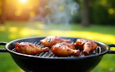 Sizzling barbecue chicken on grill in sunny park, summer picnic joy. High quality