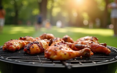 Sizzling barbecue chicken on grill in sunny park, summer picnic joy. High quality