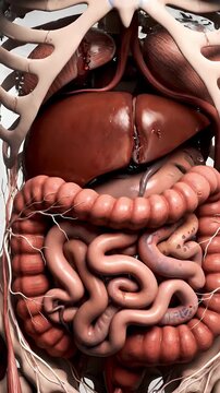Human Anatomy Animation on Isolated White Background Featuring Detailed Musculature, Skeletal Structure, Digestive System, and Internal Organs for Medical Visualization and Educational Purposes