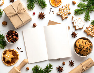 Festive flat lay of holiday treats, baking tools, and an open recipe notebook on white, ideal for Christmas culinary inspiration and sweet seasonal preparations