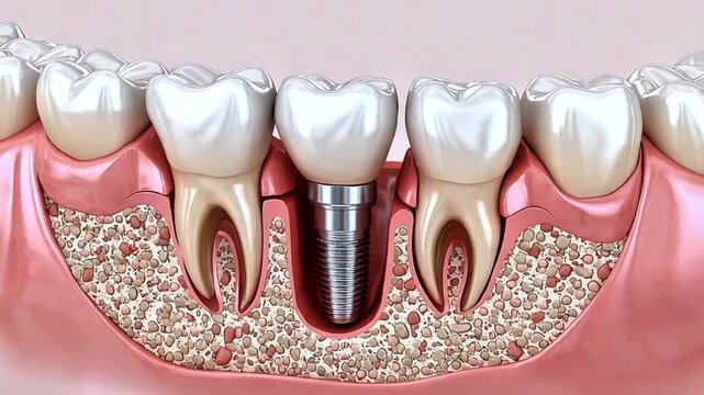 Dental Implant Procedure 3D Illustration: Tooth replacement with surgical metal post embedded in bone tissue and crown.