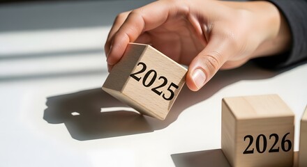 A hand meticulously places a wooden block displaying the year 2025, symbolizing strategic foresight, future planning, and the setting of annual goals and business objectives for upcoming periods
