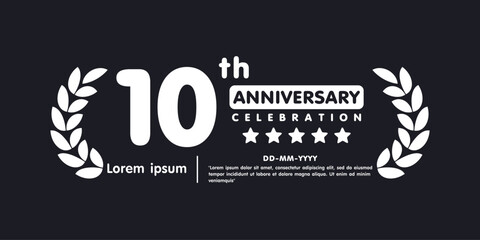 10th years anniversary celebration emblem. white anniversary award logo isolated with laurel wreath on black background. vector illustration template design for web banner.