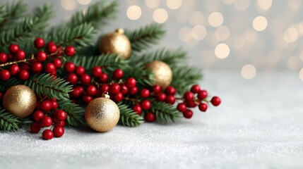 Obraz premium Fir branch decorating with shining golden baubles and vibrant red berries, creating a festive holiday arrangement on a snowy surface