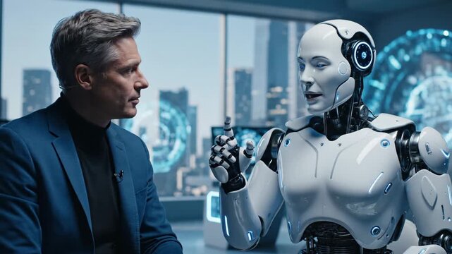Human-Robot Interaction in Futuristic Office - A man in a blue suit is engaged in a discussion with a humanoid robot in a modern office setting.