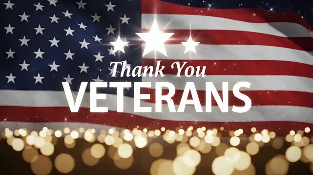 A thank you veterans tribute with a waving American flag and stars. - Powered by Adobe