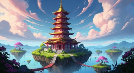 Fantasy asian pagoda temple on floating island with dreamy sky