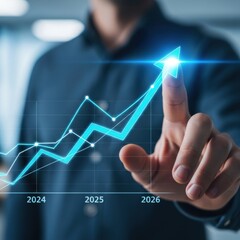 Hand touching glowing business chart showing growth and success into the future years 2024 2025 2026