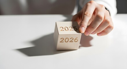 Hand flipping a cube with the years 2025 and 2026, concept of time, future planning
