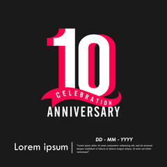 10th years anniversary celebration emblem. modern anniversary logo isolated with red ribbon on black background. vector illustration template design for web banner, flyers, poster, greeting card