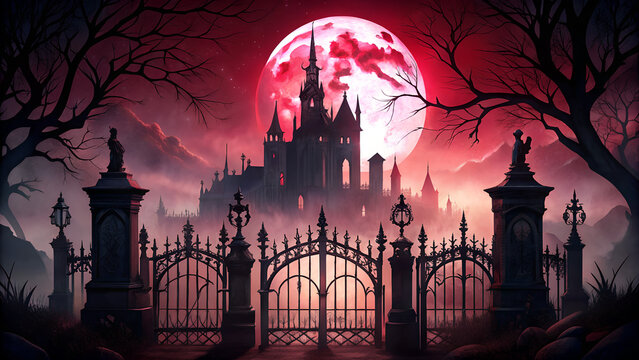 Gothic castle under red moon with iron gates and eerie atmosphere - Powered by Adobe