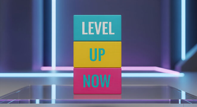 Level up now with these vibrantly colored blocks in a modern neon light setting for your next success story, promotion, or motivational message - Powered by Adobe