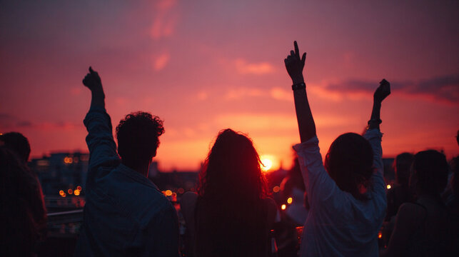 Back view of friends dancing on a rooftop at sunset with joyful spontaneity, warm glowing sky, and lively movement representing friendship, celebration, freedom, and carefree moments - Powered by Adobe