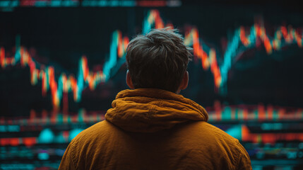 A man viewed from behind studies a glowing holographic stock market graph, symbolizing financial analysis, strategy, data insight, and futuristic business intelligence.
