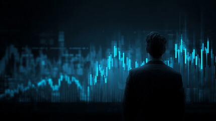 A man viewed from behind studies a glowing holographic stock market graph, symbolizing financial analysis, strategy, data insight, and futuristic business intelligence.
