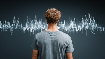 A man viewed from behind studies a glowing holographic stock market graph, symbolizing financial analysis, strategy, data insight, and futuristic business intelligence.
