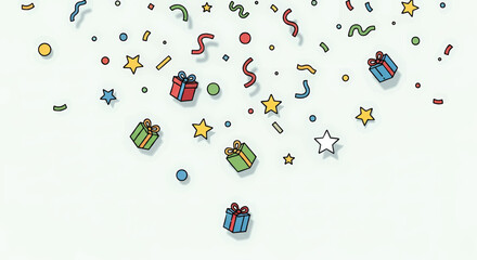 Celebration Vector Background with Colorful Falling Confetti and Gift Box Doodles
