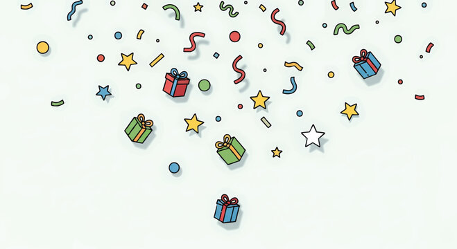 Celebration Vector Background with Colorful Falling Confetti and Gift Box Doodles