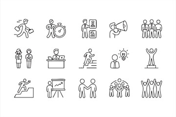 Fototapeta premium Productivity and motivation line icon set for office and career growth projects